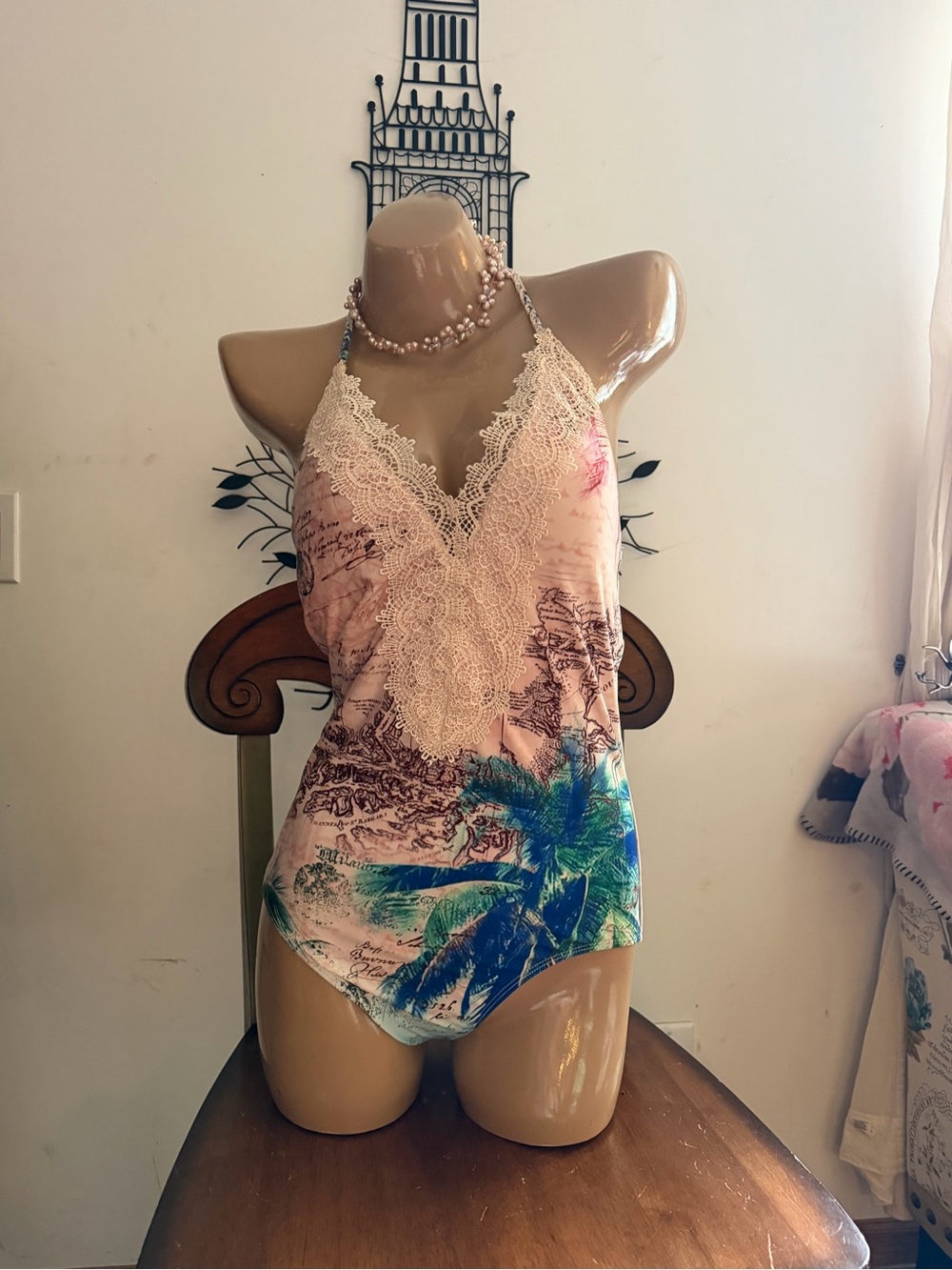 Lace-Trim map Print One-Piece halter Swimsuit vintage Anthropologie m